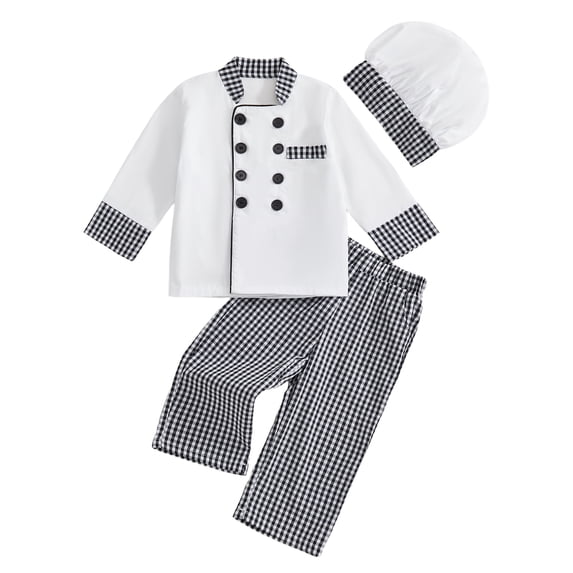 RUINIXCW Kids Chef Costume Halloween Costume Toddler Baby Boy Career Day Baker Costume Long Sleeve Button Down Top Pants Hat Set Role Play Outfits