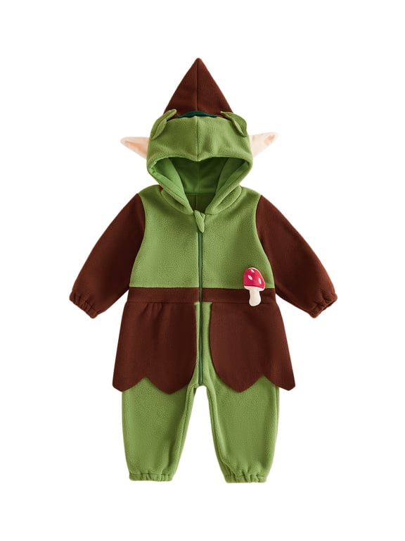 Kids Christmas Elf Costume Toddler Baby Boy Girl Fairy Tale Halloween Costume Fall Winter Snowsuit Fleece Jumpsuit Long Sleeve Hooded Romper