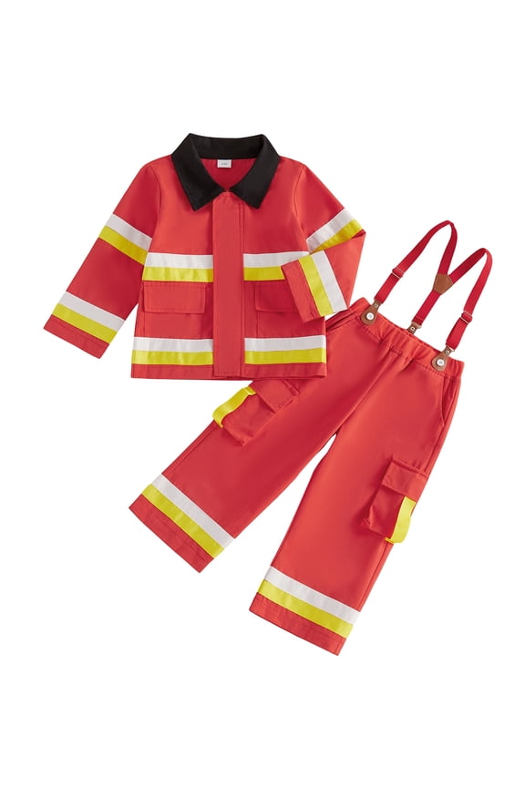 Kids Fireman for Boys Long Sleeve Jacket and Suspender Pants Firefighter Outfits Cosplay Halloween