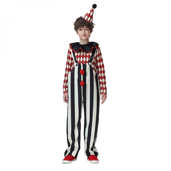 RUINIXCW Kids Halloween Clown Cosplsy Costume Long Sleeve Tops Striped Overalls Pants Hat Set for Themed Party