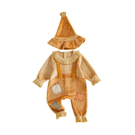 RUINIXCW Kids Scarecrow Costume Toddler Baby Boy Girl Halloween Costume Fall Harvest Festival Outfit Tassel Patchwork Jumpsuit Hat Set Warm Snowsuit