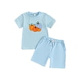 thumbnail image 1 of RUINIXCW Kids Toddler Baby Boy Halloween Outfit Little Baby Boy Summer Fall Clothes Pumpkin Embroidery Striped Short Sleeves T-Shirt and Shorts Set, 1 of 9
