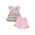 thumbnail image 1 of RUINIXCW Kids Toddler Baby Girl Back to School Outfit Kids Summer Kindergarten Outfits Little Girls First Day of School Outfit Pencil Apple Flying Sleeve Babydoll Shirt Tops and Bow Ruffle Shorts Set, 1 of 9