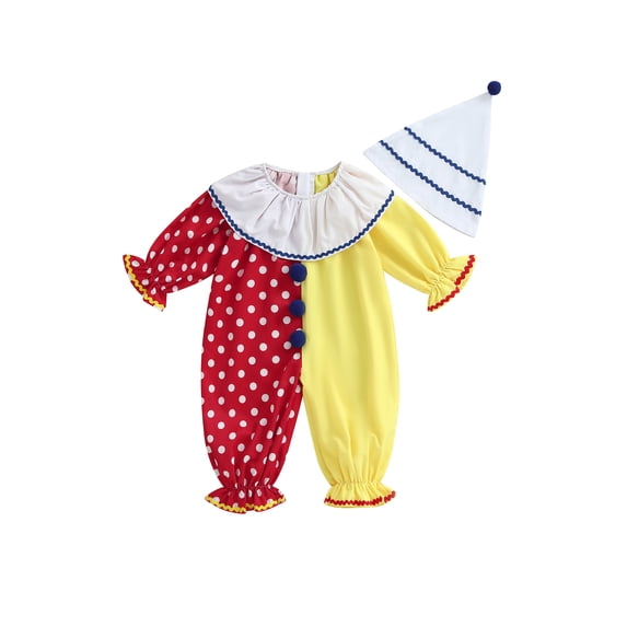 RUINIXCW Kids Toddler Baby Girl Boy Halloween Outfit Clown Costume Infant Baby Girl Boy Romper Birthday Photoshoot Outfit Contrast Color Long Sleeve Jumpsuit Hat