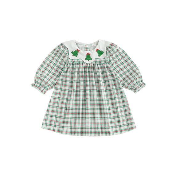 RUINIXCW Kids Toddler Baby Girl Christmas Dress Little Girls Xmas Clothes Party Holiday Dress Tree Embroidery Doll Collar Long Sleeve Plaid Dress