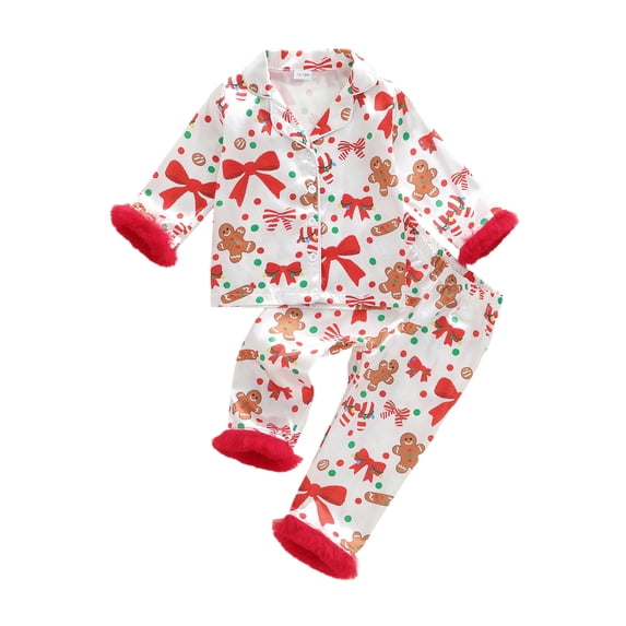 RUINIXCW Kids Toddler Baby Girl Christmas Silk Stain Pajamas Set Girls Fall Winter PJS Set Sleepwear Gingerbread Man Print Long Sleeve Button Down Shirt and Pants Set Loungewear Homewear 1-7 Years