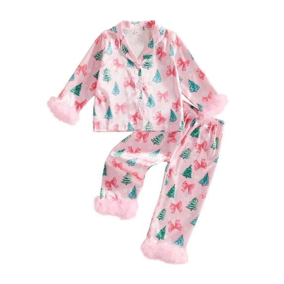 RUINIXCW Kids Toddler Baby Girl Christmas Silk Stain Pajamas Set Spring Fall Winter PJS Sleepwear Long Sleeve Button Down Collar Shirt Tops Pants Set