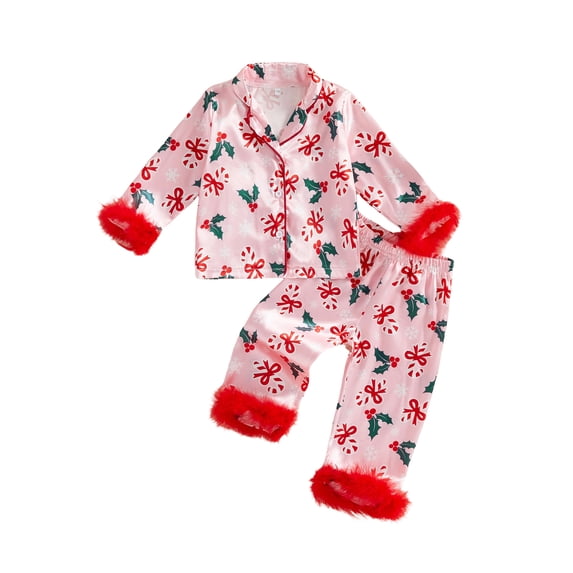 RUINIXCW Kids Toddler Baby Girl Christmas Silk Stain Pajamas Set Spring Fall Winter PJS Sleepwear Long Sleeve Button Down Collar Shirt Tops Pants Set