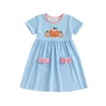 thumbnail image 1 of RUINIXCW Kids Toddler Baby Girl Halloween Dress Little Girl Summer Fall Dress Clothes Pumpkin Embroidery Short Sleeve Peter Stripe Dress with Pockets, 1 of 10