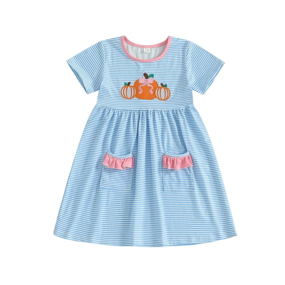 RUINIXCW Kids Toddler Baby Girl Halloween Dress Little Girl Summer Fall Dress Clothes Pumpkin Embroidery Short Sleeve Peter Stripe Dress with Pockets