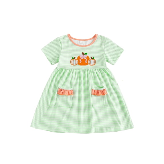 RUINIXCW Kids Toddler Baby Girl Halloween Dress Little Girl Summer Fall Dress Clothes Pumpkin Embroidery Short Sleeve Peter Stripe Dress with Pockets