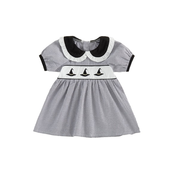 RUINIXCW Kids Toddler Baby Girl Halloween Dress Outfit Infant Baby Girls Summer Fall Dress Clothes Ghost Hat Bat Print Doll Collar Short Sleeve Striped Dress