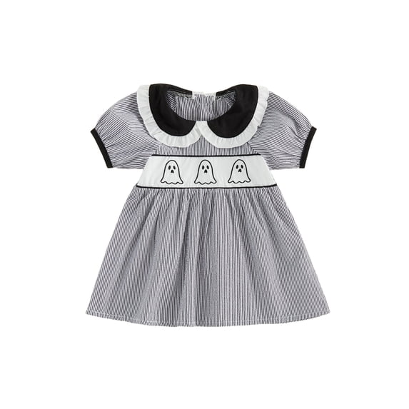 RUINIXCW Kids Toddler Baby Girl Halloween Dress Outfit Infant Baby Girls Summer Fall Dress Clothes Ghost Witch Hat Bat Print Doll Collar Short Sleeve Striped Dress