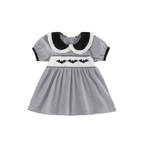 RUINIXCW Kids Toddler Baby Girl Halloween Dress Outfit Infant Baby Girls Summer Fall Dress Clothes Ghost Witch Hat Bat Print Doll Collar Short Sleeve Striped Dress