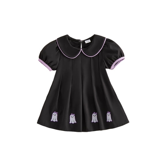 RUINIXCW Kids Toddler Baby Girl Halloween Dress Outfit Little Baby Girl Summer Black Dress Ghost Pumpkin Embroidery Doll Collar Puff Sleeve Pleated Dress