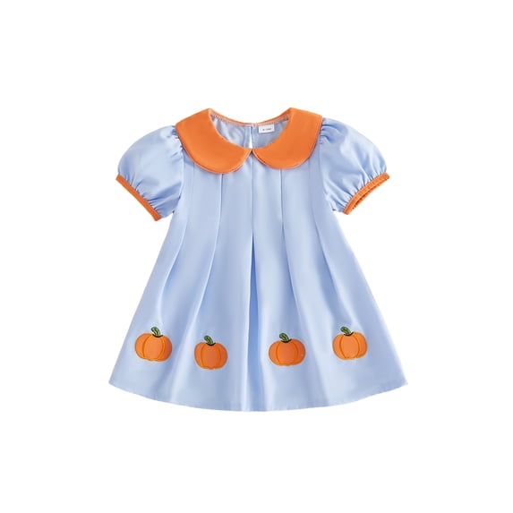 RUINIXCW Kids Toddler Baby Girl Halloween Dress Outfit Little Baby Girl Summer Black Dress Ghost Pumpkin Embroidery Doll Collar Puff Sleeve Pleated Dress
