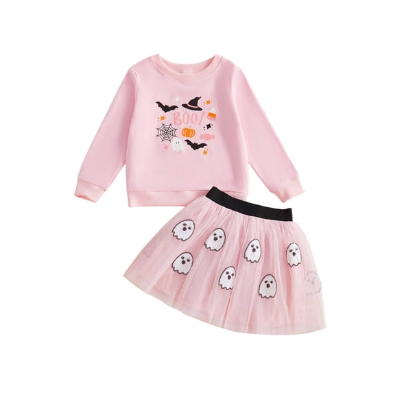 RUINIXCW Kids Toddler Baby Girl Halloween Outfit Little Baby Girl Spring Fall Clothes Long Sleeve Sweatshirt Top and Ghost Print Mesh Tutu Skirt Set