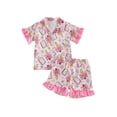 thumbnail image 1 of RUINIXCW Kids Toddler Baby Girls Silk Satin Back to School Pajamas Set Summer PJS Set Sleepwear Bow Pencil Printed Short Sleeve Button Down Shirt and Ruffle Shorts Set Homewear Loungewear 3-9 Years, 1 of 8