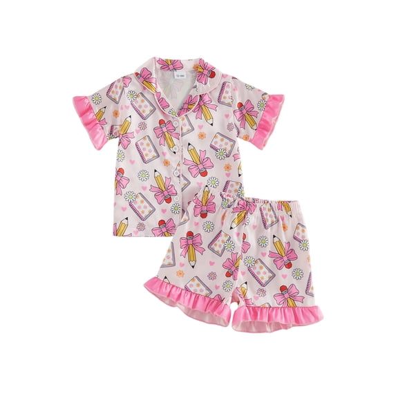 RUINIXCW Kids Toddler Baby Girls Silk Satin Back to School Pajamas Set Summer PJS Set Sleepwear Bow Pencil Printed Short Sleeve Button Down Shirt and Ruffle Shorts Set Homewear Loungewear 3-9 Years