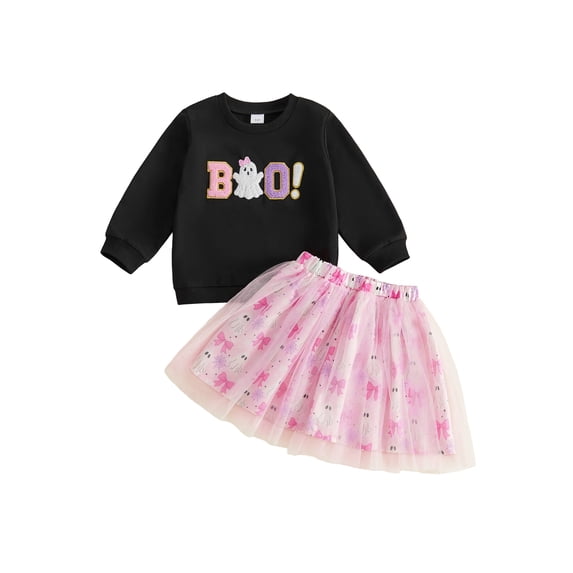 RUINIXCW Little Girl Halloween Outfit Embroidered Sweatshirt and Printed Tulle Skirt