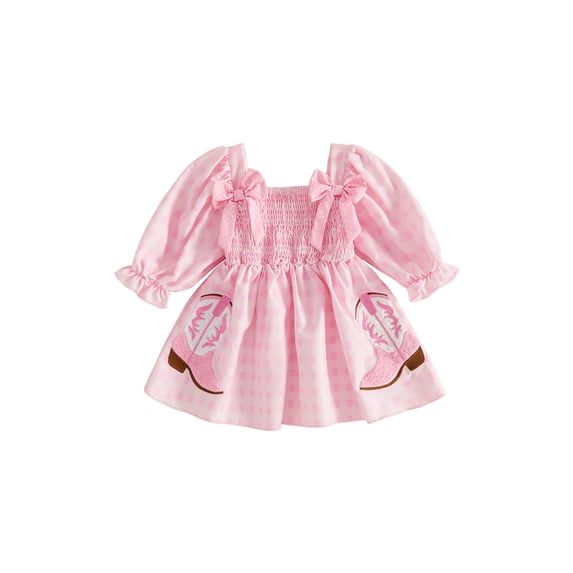 RUINIXCW Little Girl Plaid Dress Long Sleeve Square Neck A-line Dress with Bow Decor