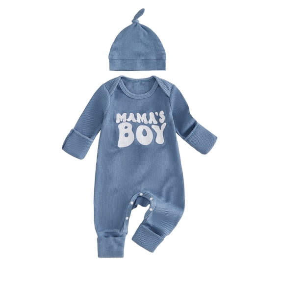 RUINIXCW Mama's Boy Outfit Newborn Baby Boy Hospital Coming Home Outfit Waffled Romper Infant Baby Girls Fall Winter Clothes Long Sleeve Jumpsuit Hat Set
