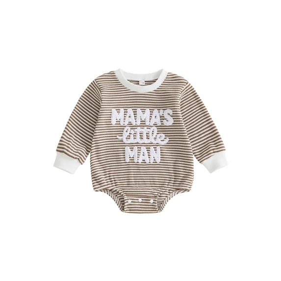 RUINIXCW Mama's Little Man Baby Boy Fall Winter Outfit Bubble Romper Newborn Baby Boy Hospital Coming Home Outfit Waffled Striped Letter Long Sleeve Bodysuit