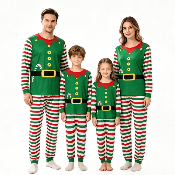 RUINIXCW Matching Family Christmas Pajamas Set Xmas Outfit Holiday Jammies for Couples Santa Elf Long Sleeve Top Striped Pants Sleepwear Loungewear