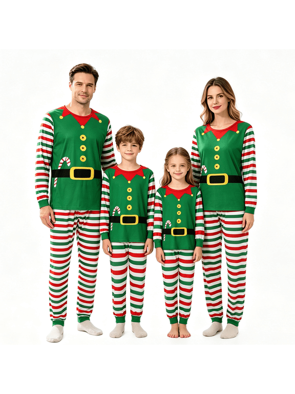 Matching Family Christmas Pajamas Set Xmas Outfit Holiday Jammies for Couples Santa Elf Long Sleeve Top Striped Pants Sleepwear Loungewear