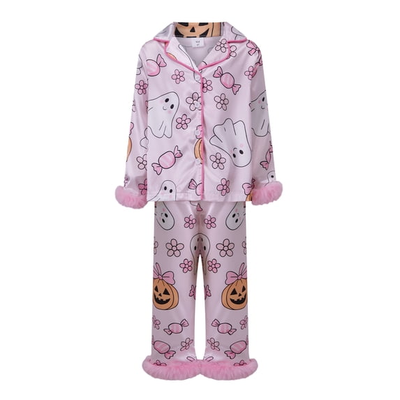 RUINIXCW Mommy and Me Matching Pajamas Halloween Ghost Pumpkin Print Button Down Long Sleeve Lapel Tops Pants Family Sleepwear