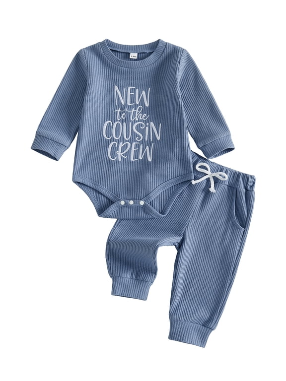 New To The Cousin Crew Newborn Baby Boy Hospital Coming Home Outfit Infant Baby Boys Fall Winter Clothes Long Sleeve Waffled Romper and Pants Hat Set