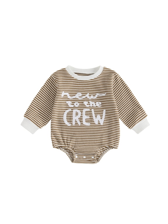 New to The Crew Baby Boy Girl Fall Winter Outfit Bubble Romper Newborn Baby Boy Girl Hospital Coming Home Outfit Waffled Striped Letter Long Sleeve Bodysuit