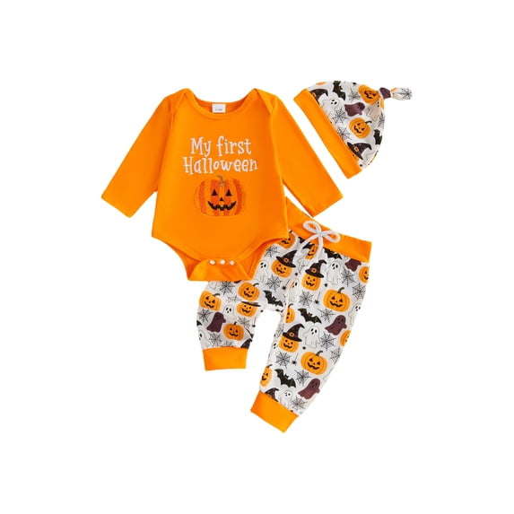 RUINIXCW Newborm Baby Boy My First Halloween Outfit Infant Baby Boys Fall Winter Clothes Pumpkin Embroidery Long Sleeve Romper and Pants Hat Set