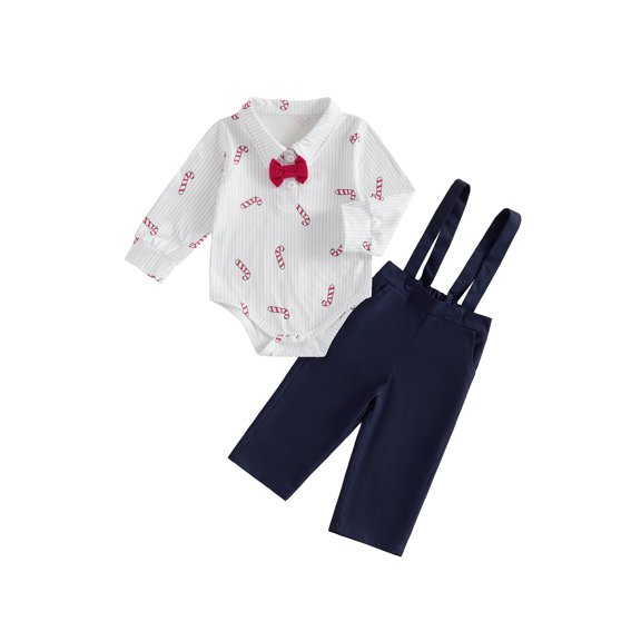 RUINIXCW Newborn Baby Boy Christmas Gentleman Outfit Baby Boys Blessing Baptism Church Outfit Fall Winter Clothes Long Sleeve Cane Striped Printed Romper Bowtie Overalls Suspender Pants 2Pieces Set