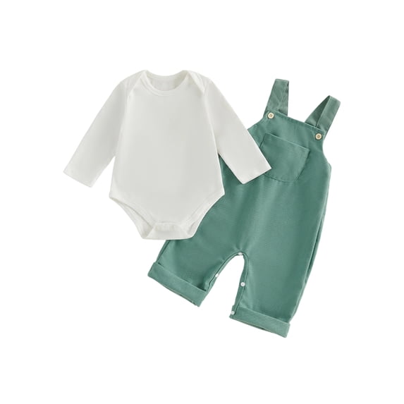 RUINIXCW Newborn Baby Boy Girl Fall Winter Clothes Infant Baby Boys Girls 2 Pieces Outfit Solid White Long Sleeve Romper Front Pocket Bib Overall Suspender Pants and Set