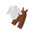 thumbnail image 1 of RUINIXCW Newborn Baby Boy Girl Fall Winter Clothes Infant Baby Boys Girls 2 Pieces Outfit Solid White Long Sleeve Romper Front Pocket Bib Overall Suspender Pants and Set, 1 of 8