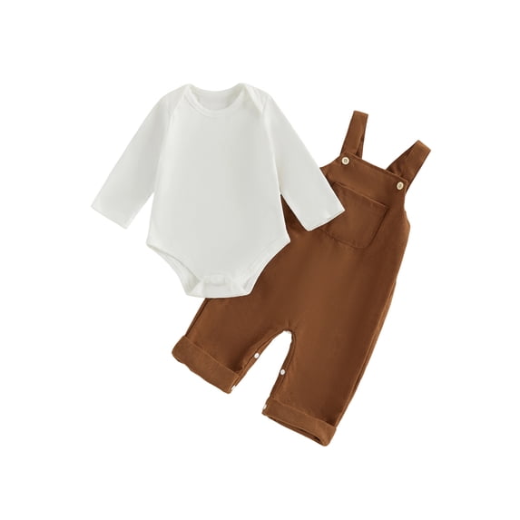 RUINIXCW Newborn Baby Boy Girl Fall Winter Clothes Infant Baby Boys Girls 2 Pieces Outfit Solid White Long Sleeve Romper Front Pocket Bib Overall Suspender Pants and Set