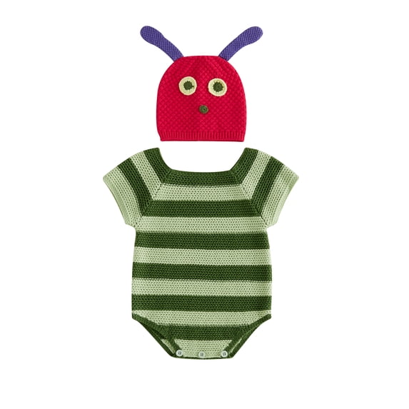 RUINIXCW Newborn Baby Boy Girl Halloween Caterpillar Costume Infant Birthday Photoshoot Outfit Summer Fall Clothes Short Sleeve Knit Striped Romper Hat Set