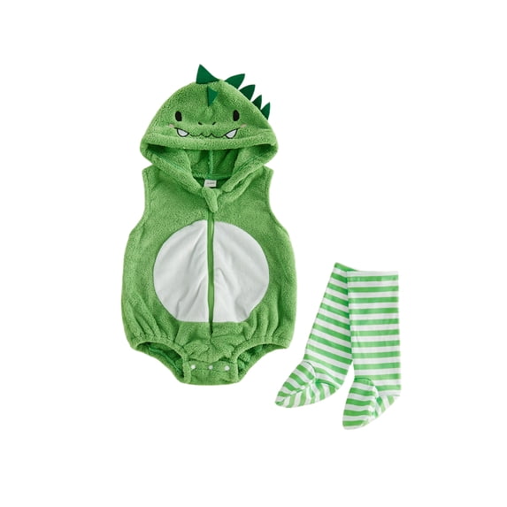 RUINIXCW Newborn Baby Boy Girl Halloween Dinosaur Costume Kids Infant Fall Winter Cosplay Outfit Warm Fleece Sleeveless Hooded Zip Romper Stocking Set