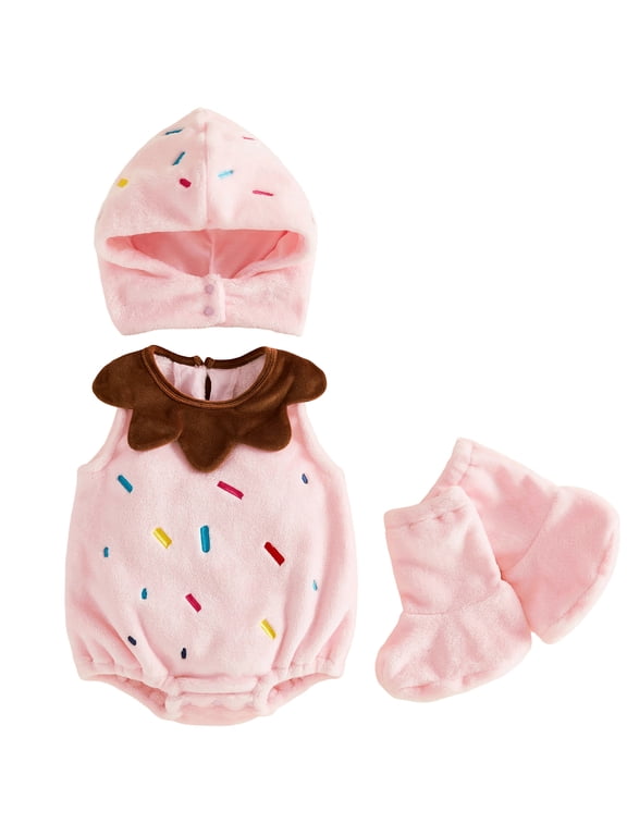 Newborn Baby Boy Girl Halloween Ice Cream Costume Kids Infant Fall Winter Cosplay Outfit Warm Fleece Sleeveless Hooded Romper Stocking Set