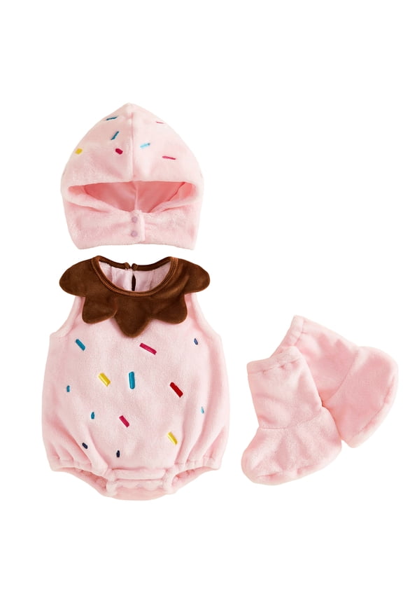 Newborn Baby Boy Girl Halloween Ice Cream Costume Kids Infant Fall Winter Cosplay Outfit Warm Fleece Sleeveless Hooded Romper Stocking Set