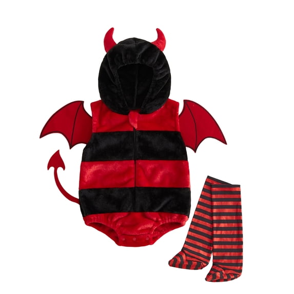 RUINIXCW Newborn Baby Boy Girl Halloween Devil Costume Infant Cosplay Outfit Fall Winter Clothes Fleece Sleeveless Hooded Romper Wings Stockings Set
