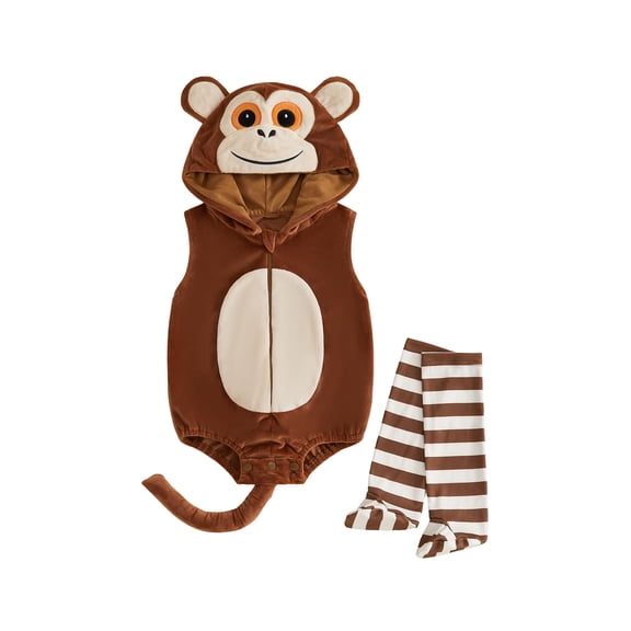 RUINIXCW Newborn Baby Boy Girl Halloween Monkey Costume Kids Infant Fall Winter Cosplay Outfit Warm Sleeveless Hooded Zipper Romper Stockings Set