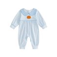 thumbnail image 1 of RUINIXCW Newborn Baby Boy Girl Halloween Outfit Baby Girls Boys Fall Clothes Blue Plaid Bubble Romper Cute Pumpkin Embroidered Long Sleeve Doll Collar Jumpsuit, 1 of 9