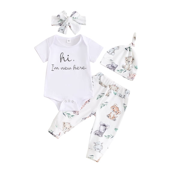RUINIXCW Newborn Baby Boy Girl Hospital Coming Home Outfit Infant Baby Clothes Hi I'm New Here Short Sleeve Animal Print Romper Pants Headband Hat Set