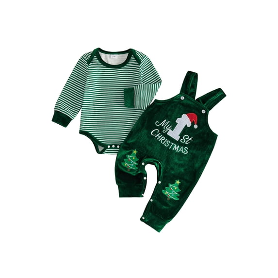 RUINIXCW Newborn Baby Boy Girl My First Christmas Outfit Infant Fall Winter Clothes Stripe Long Sleeve Romper Embroidery Velvet Overalls Pants Set