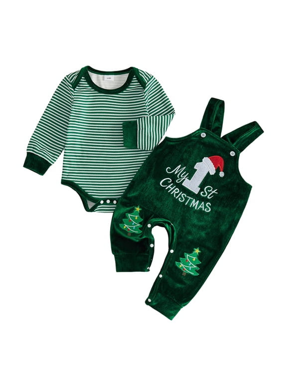 Newborn Baby Boy Girl My First Christmas Outfit Infant Fall Winter Clothes Stripe Long Sleeve Romper Embroidery Velvet Overalls Pants Set
