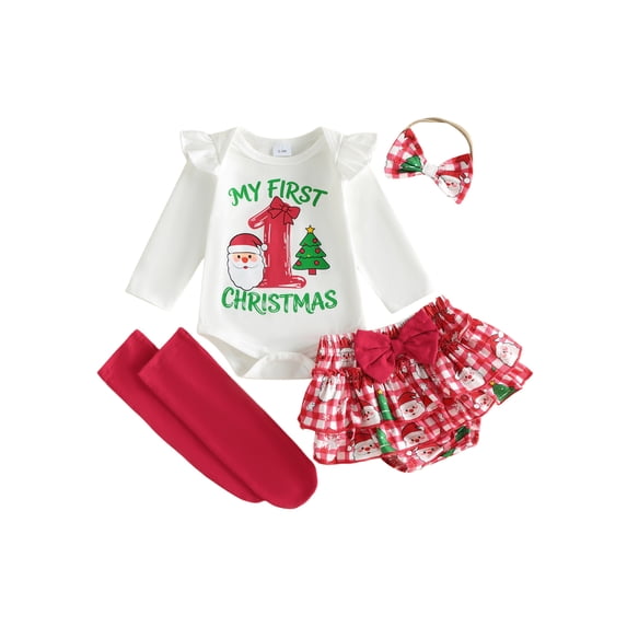 RUINIXCW Newborn Baby Boy Girl My First Christmas Outfit Infant Girls Fall Winter Clothes Letters Romper and Plaid Skirt Headband Long Socks 4Pcs Set