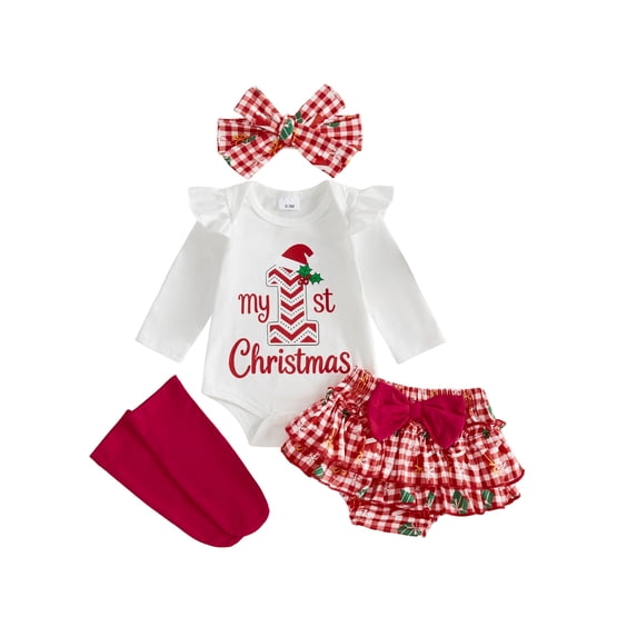 RUINIXCW Newborn Baby Boy Girl My First Christmas Outfit Infant Girls Fall Winter Clothes Letters Romper and Plaid Skirt Headband Long Socks 4Pcs Set