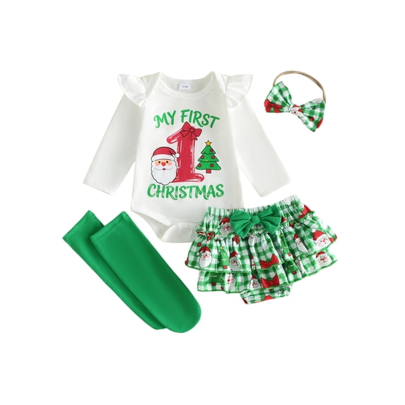 RUINIXCW Newborn Baby Boy Girl My First Christmas Outfit Infant Girls Fall Winter Clothes Letters Romper and Plaid Skirt Headband Long Socks 4Pcs Set